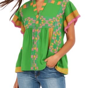Ivu jane Green Patterned Tunic with Pink & Gold Trim